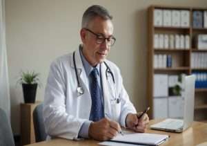 A doctor sitting in a primary care clinic providing Preventative Care Management Program guidelines to a patient